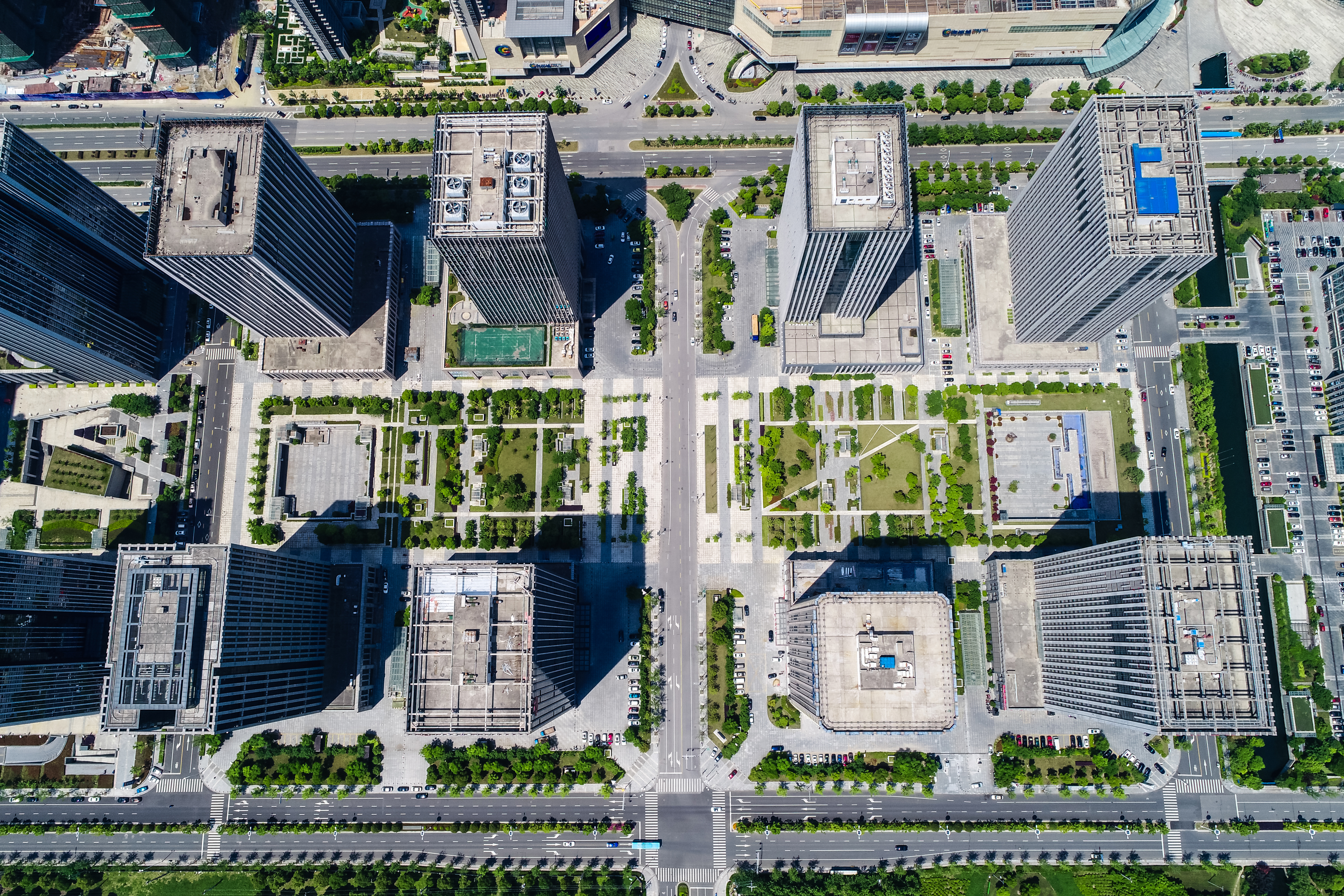 Aerial drone photograph of a high-rise condominium property