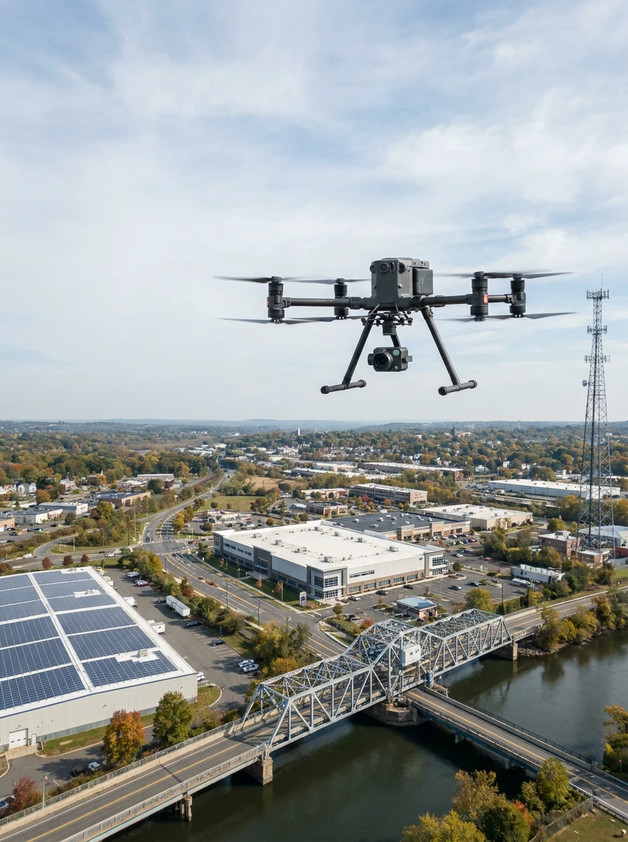 Inspection drone with gimbal camera flying over commercial buildings, rooftop solar and a bridge