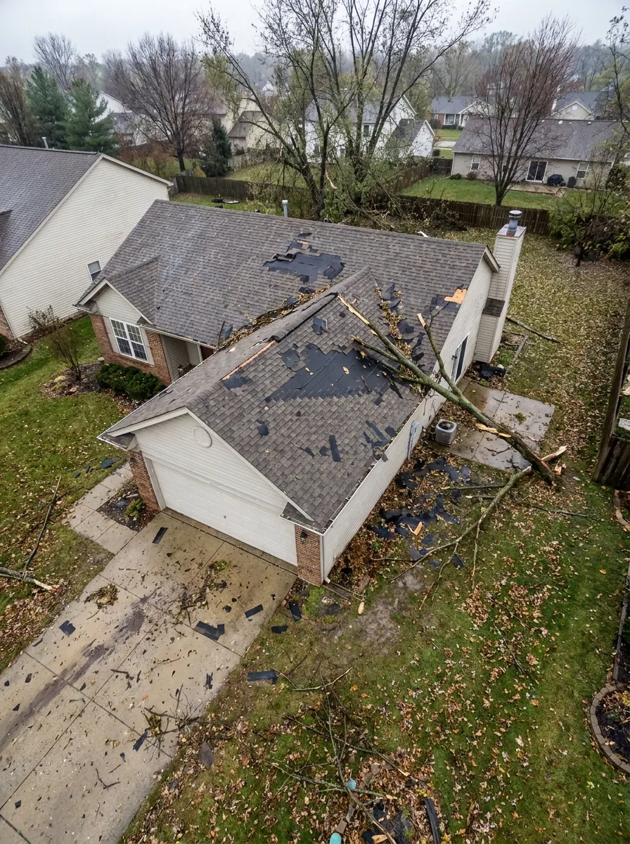 Drone documenting storm and disaster damage from the air after safe access is confirmed