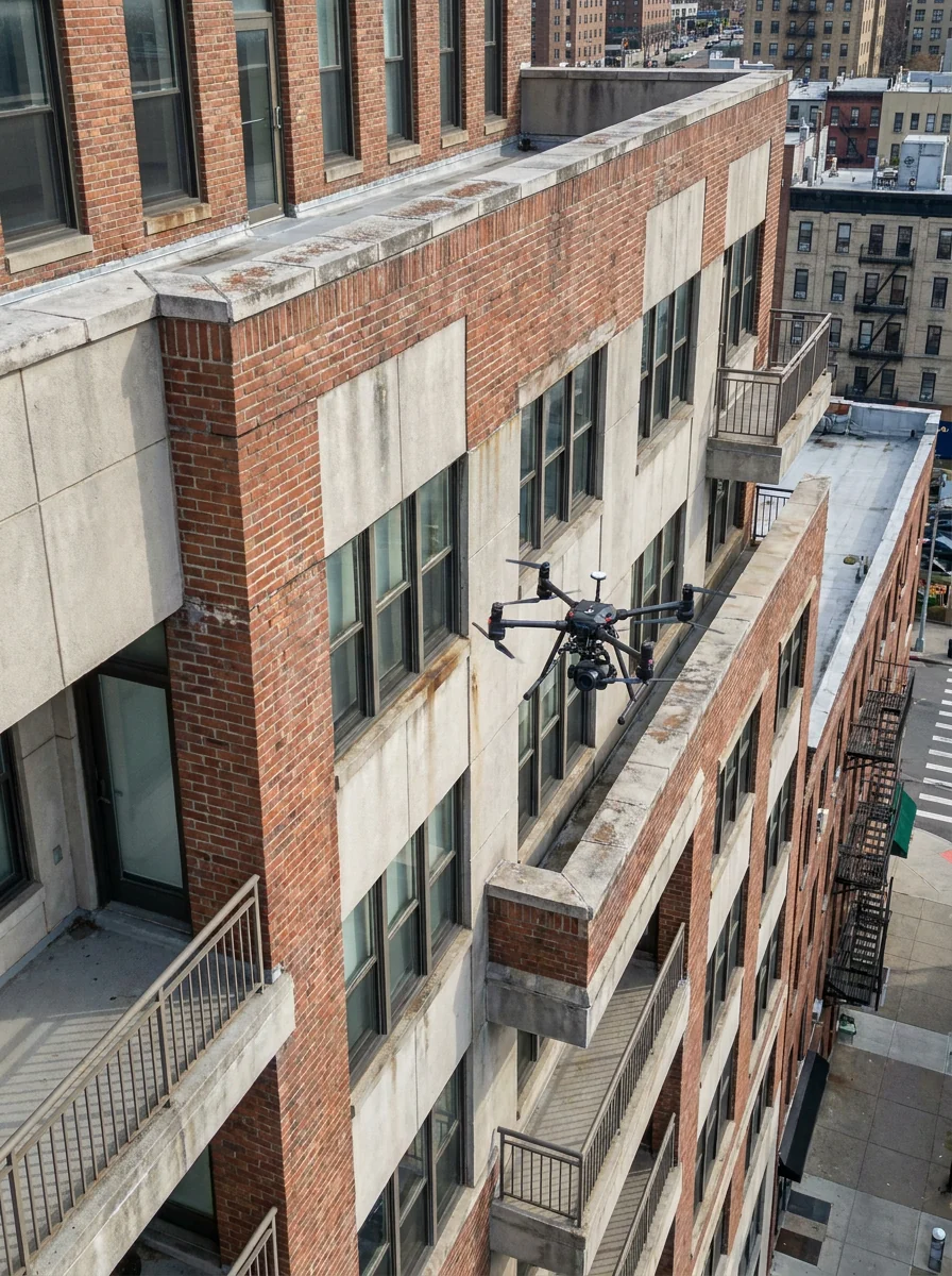 Drone inspecting a brick and concrete building facade at close range