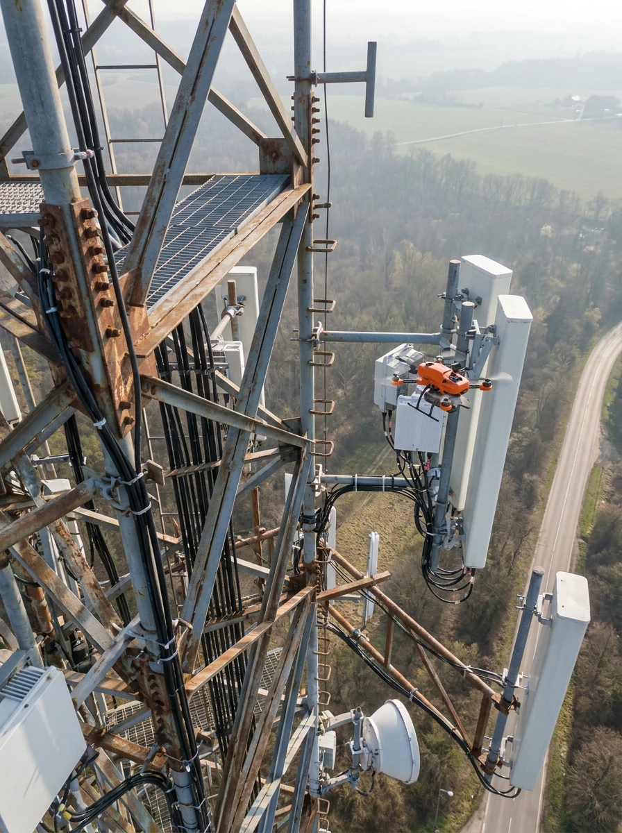 Drone inspection support for a telecom tower and other vertical assets