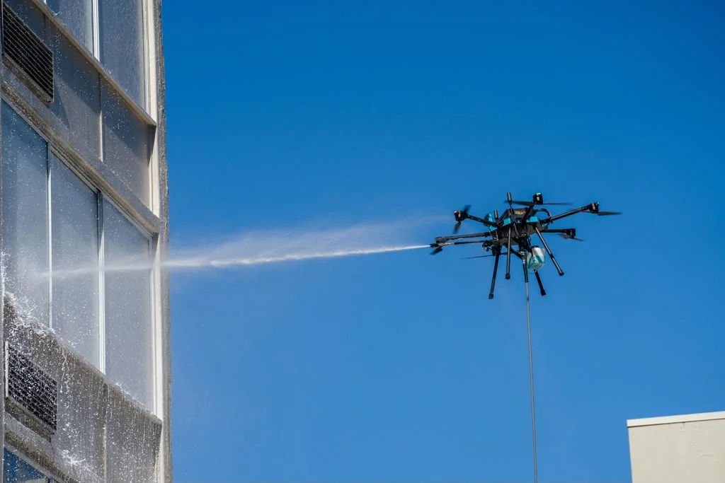Drone washing high-rise commercial windows from ground level